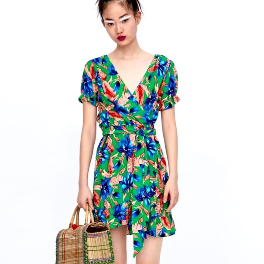 Zara Tropical Tie Waist Dress